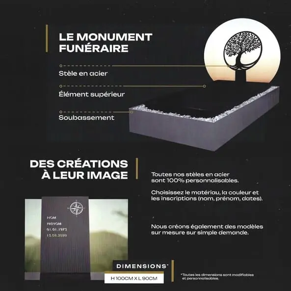Nos créations funéraires en acier renferment une grande valeur émotionnelle. Ils maintiennent la connexion avec votre famille depuis l’au-de-là et facilitent pour eux le recueillement.